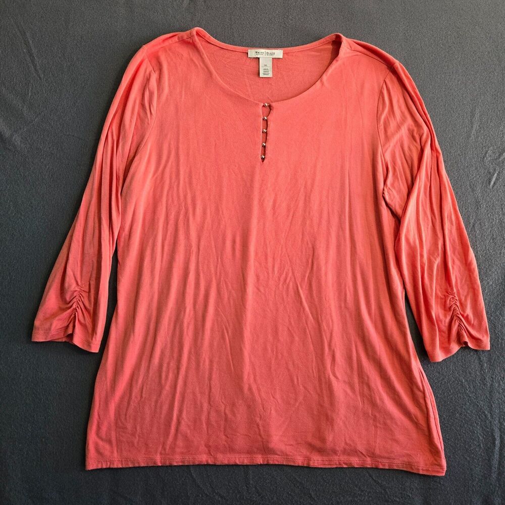 WHBM Top Women XL Pink Beaded Keyhole Neck 3/4 Ruched Sleeve Blouse